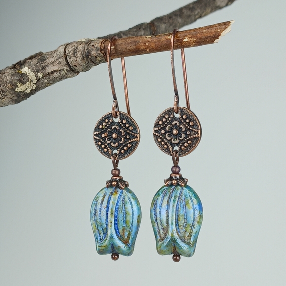 Hand Crafted Jewelry - HAND CRAFTED Blue Artisan Glass Flower Rustic Copper Dangle Earrings